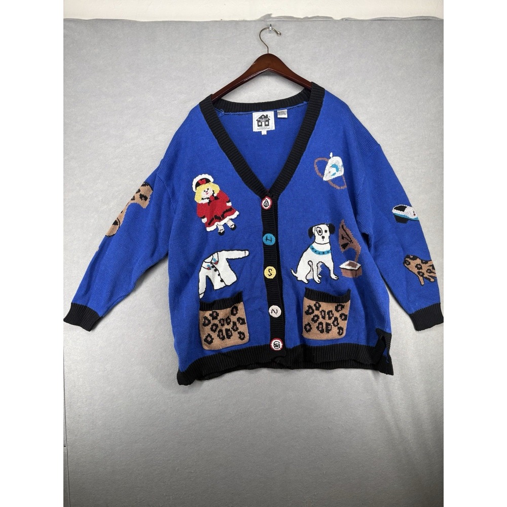 Vtg 90s Storybook Knits Ugly 3XL Cardigan Sweater Teacher Womens Chilling Dog